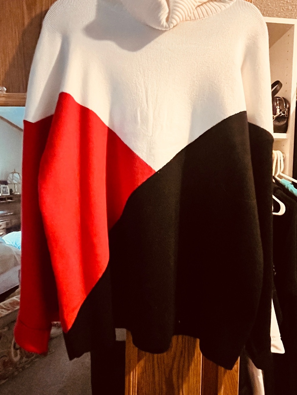 Cozy Colorblock Cowl Sweater - Red, Black & White